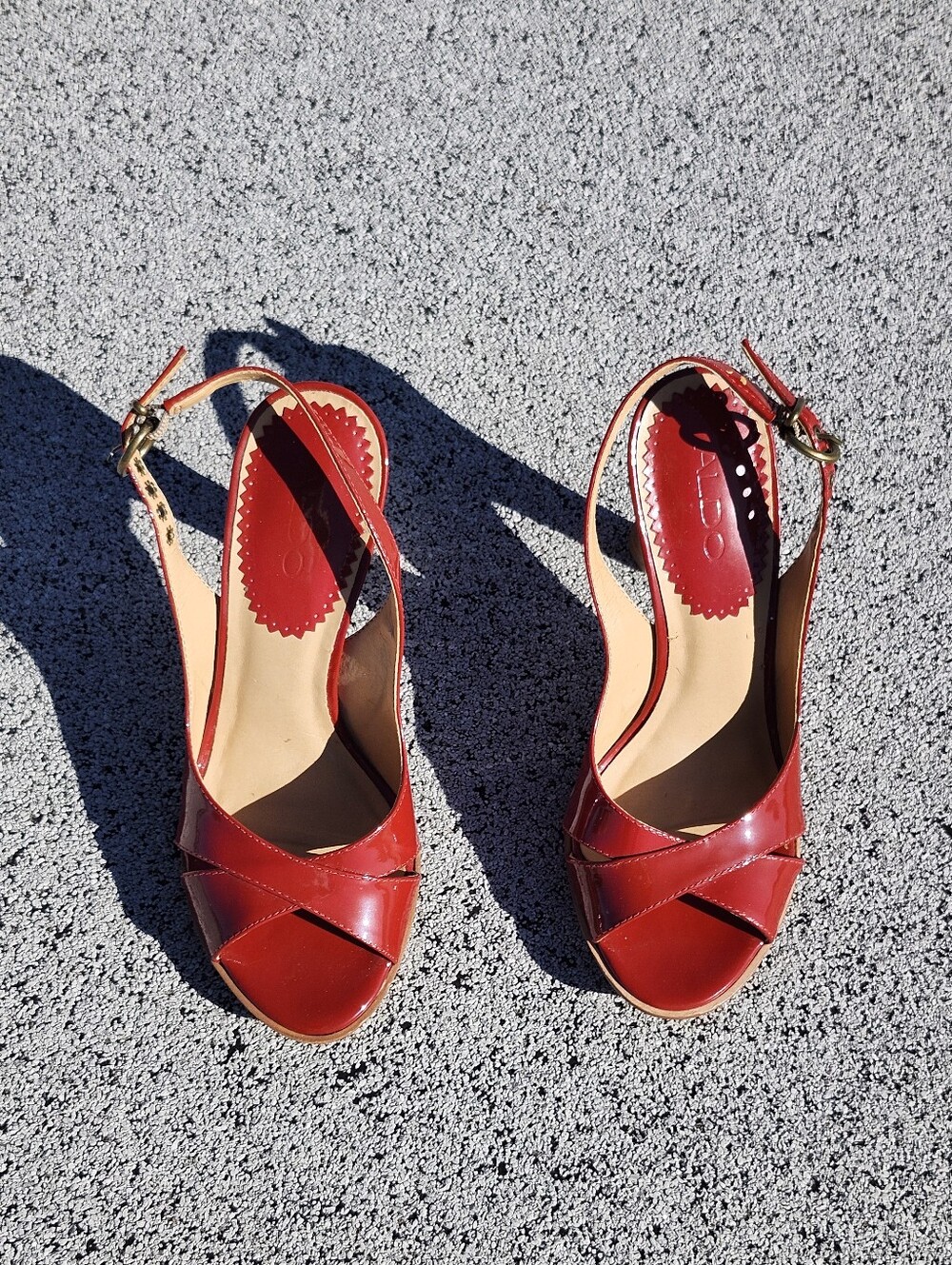 ALDO VTG Red Platform Heels Real Patent Leather Slingback Peep Toe 37 Y2k Retro